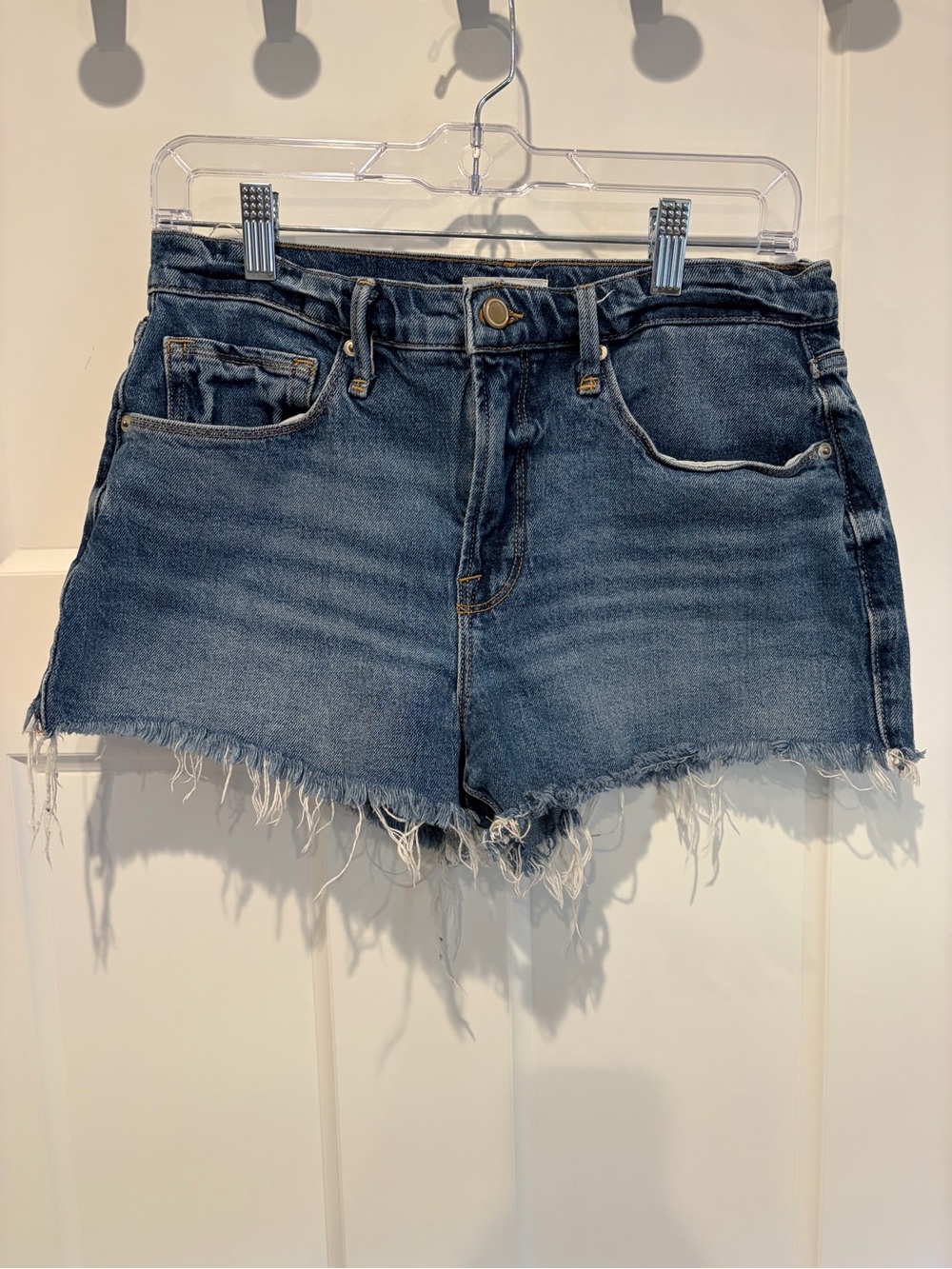 Good American Dark Blue Distressed Frayed Hem Jean Shorts